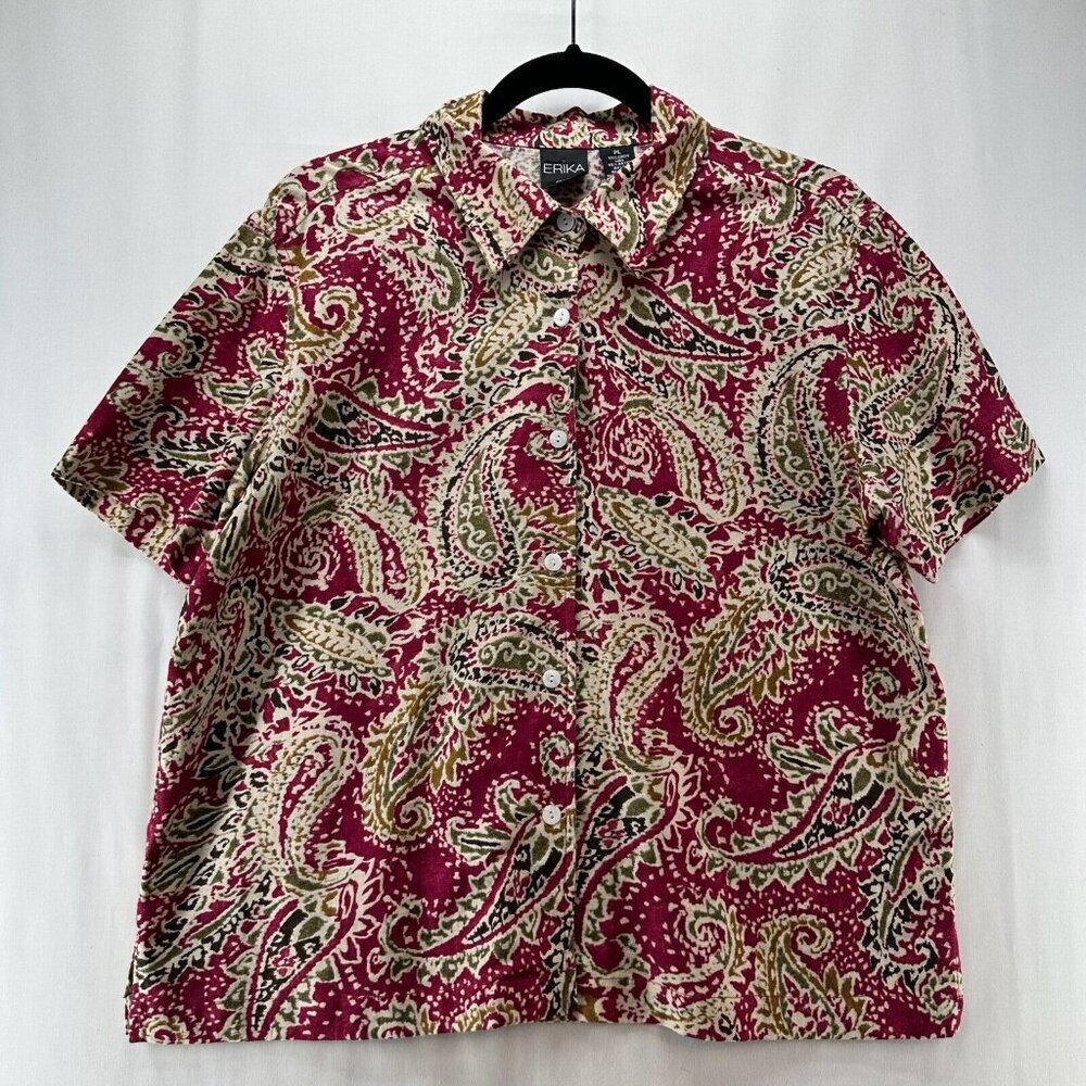ERIKA Top Size PL Petite Paisley Shirt Button Front Short Sleeve Linen Blend Red